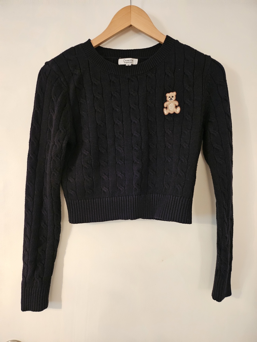 Crewneck Cable Knit Black Sweater with Teddy Patch